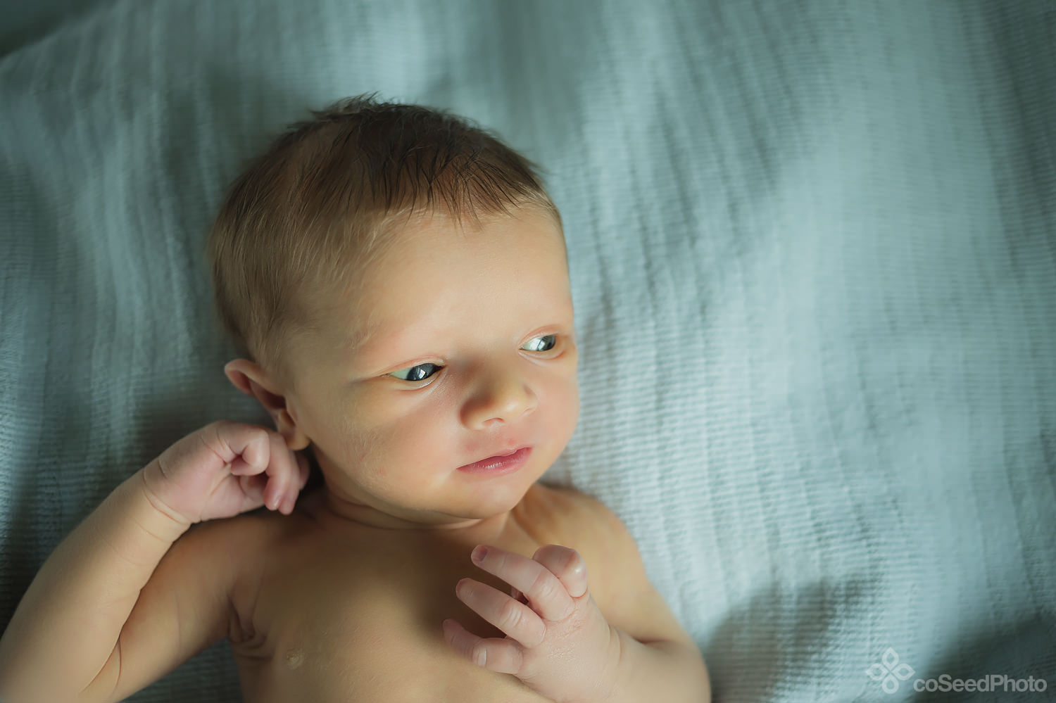 Fed and awake, newborn Declan stares out the window.